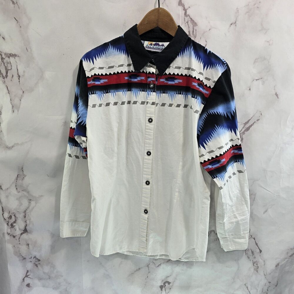 Alamosa Western Shirt Womens Large Black Blue Red Button Up Aztec Southwest